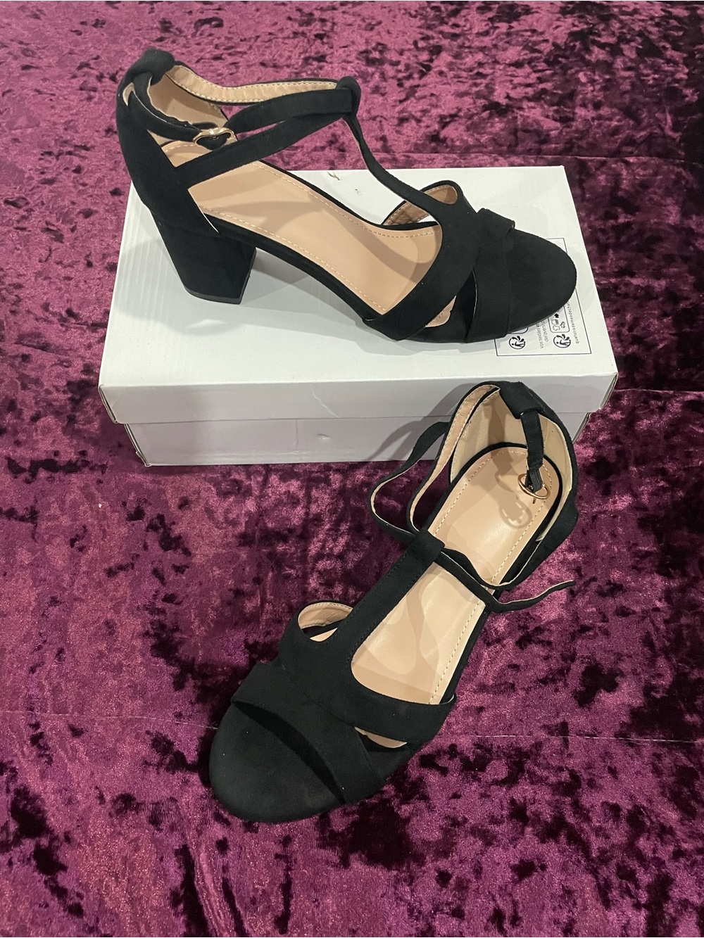 Black Women's T-Strap Block Heel Sandals